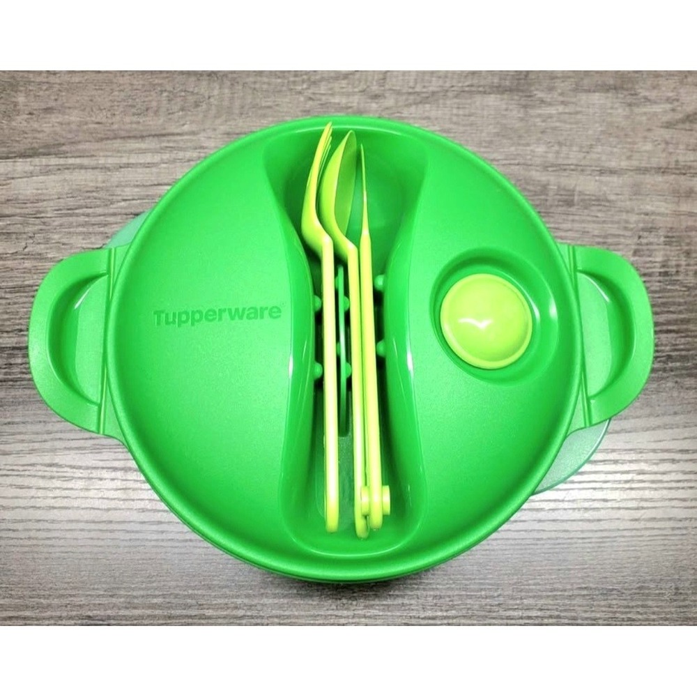 Tupperware Crystal Wave Plus Food On The Go Lunch Container Utensils Green EUC
